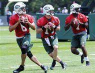 New York Jets Quarterbacks Mark Sanchez 6 Greg Mcelroy 14 And Geno Smith 7 Drop Back To Pass During Nfl Football M Jets Football Geno Smith Mark Sanchez