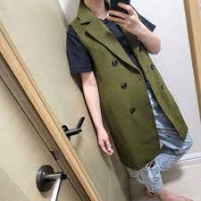 🌟 ( 買三送一) 清貨全新有領反領西裝絨面軍綠色鴨屎綠長身款雙排扣馬甲背心外套絨褸Size 155 (S) S-M