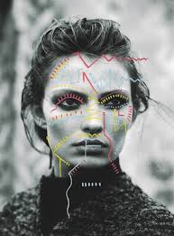 Painting combined with digital painting and photography, mounted on a 4x4 wood panel and painted on top with pigmented encaustic (beeswax) and finished with rich brown stain. Matthieu Bourel Mixed Media Collages