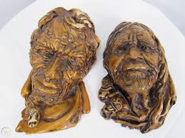 Allan Davey Carved Maori Resin Head Wahine Te Rangitira Sculptures LOT OF 2  VTG
