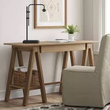 The desk top is very heavy so a second person is needed to help lift the desk onto the metal frame. Burke Trestle Wooden Desk With Drawer Natural Threshold In 2021 Wooden Desk Desk With Drawers Writing Desk With Drawers
