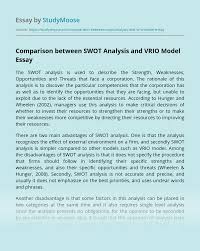 Most swot analyses are written about companies, products, and industries (your topic). Comparison Between Swot Analysis And Vrio Model Free Essay Example