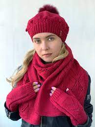 Knitted Hat Scarf Gloves Set Red Knit Set For Women Etsy Knitted Hats Hat Scarf Gloves Set Cashmere Hat