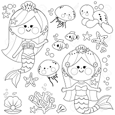 Search through 623,989 free printable colorings at getcolorings. Beautiful Mermaids And Sea Animals Vector Black And White Coloring Page Royalty Free Cliparts Vectors And Stock Illustration Image 152089071