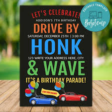 Template Free Quarantine Birthday Invitation Card Printable Drive By Honk And Wave Car Parade Invitation Template In 2020 Party Invite Template Custom Birthday Invitations Waves Birthday