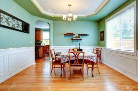 100% polyester cushions are available in dark gray, light gray, orange, and green to personalize your dining room or kitchen. Spasious Dining Room In Light Mint Color With White Trim Dining Table Set With Crochet Table Cover And Chairs Stock Photo Picture And Royalty Free Image Image 34258355