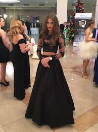 Two Piece Jewel Floor Length Black Long Sleeves Lace Prom Dress Black Long Sleeve Prom Dress Prom Dresses Lace Sleeves Black Prom Dresses
