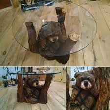Brown Bear Coffee Table Stands 18 Tall With 36 Glass Top Carved By Way Of Chainsaw For More Please Vi Chainsaw Wood Carving Bear Carving Bear Carving Wood