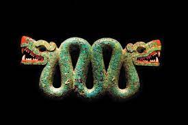 Double Headed Snake In The Aztec Culture This Made Out Of Wood Covered With A Patchwork Of Turquoise And Coral Thi South American Art Aztec Art Aztec Culture