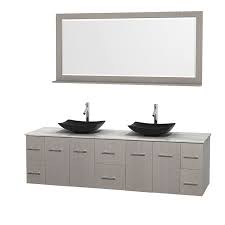 Centra 80 Wall Mounted Double Bathroom Vanity Set With Mirror Marble Vanity Tops Black Granite Sink Grey Oak