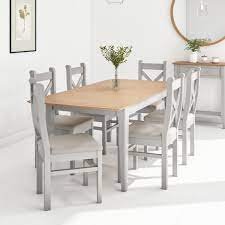 Find the perfect home furnishings at hayneedle, where you can buy online while you explore our room designs and curated looks for tips, ideas & inspiration to help you along the way. Extendable Dining Table 6 Chairs In Fabric Solid Oak Adeline Furniture123