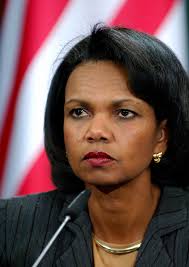U.S. Secretary of State Condoleezza Rice listens to a translation during a  press briefing after closed