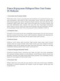 Pengertian pelestarian ekosistem flora dan fauna adalah menjaga secara utuh flora dan fauna agar tidak punah. Punca Kepupusan Hidupan Flora Dan Fauna Di Malaysia