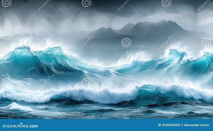 Towering Ocean Waves Crash Under a Stormy Sky, with Lightning Illuminating the Distant Mountains, Creating a Dramatic Stock Photo - Image of mountains, seascape: 359545464