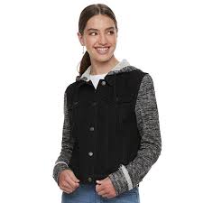 Women's hooded jean jacket washed long sleeve denim jacket w 2 pockets. Juniors Mudd Hooded Knit Sleeve Jean Jacket