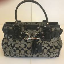 Black And Grey Coach Purse Coach Purse L0832 F13065 Hampton Black Gray Jacquard Signature Carryall Handbag Coach Satchel Coach Purses Carryall Carryall Tote