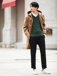 Great savings & free delivery / collection on many items. Men S Camel Duffle Coat Dark Green V Neck Sweater White Long Sleeve Shirt Black Chinos Lookastic