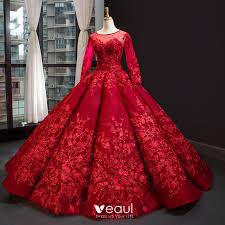 Achten sie bei ihrem traum vom roten lebenssaft auf die genaue farbabstufung: Luxus Herrlich Rot Hochzeits Brautkleider Hochzeitskleider 2020 Ballkleid Durchsichtige Rundhalsausschnitt Lange Armel Ruckenfreies Herzformig Blumen Applikationen