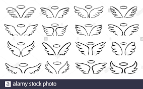 Baby angel tattoos are often based on a healthy child with wings and an occasional halo. Doodle Flying Angel Wings With Halo Sketch Angelic Wings Freedom And Religious Tattoo Vector Design Isolated On White Background Feather Wing Flying Heavenly And Angelic Emblem Illustration Stock Vector Image Art