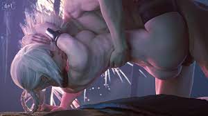 seven (sixplusone), kaine (nier), nier (young), nier, nier (series),  commentary, english commentary, highres, 1boy, 1girl, 3d, arm support,  armlet, ass, biceps, braid, breasts, choker, closed eyes, completely nude,  from side, grey hair,
