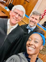 My colleagues and I as we are anxiously anticipating Judge Frederick Adams'  swearing-in ceremony. 👩🏾‍⚖️👨‍⚖️👨🏽‍⚖️👩🏻‍⚖️