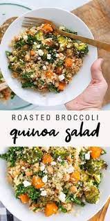 A Delicious Roasted Broccoli Quinoa Salad With Roasted Sweet Potatoes Kale And A Flavorful Lemon Dre Roasted Broccoli Quinoa Healthy Quinoa Recipes Healthy