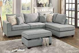 Poundex F6543 3 Pc Cleveland Light Grey Woven Fabric Reversible Chaise Storage Ottoman Sectional Sofa Living Room Furniture Layout Living Room Sectional Livingroom Layout