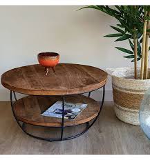 EVA-Mesa de centro redonda D.65 cm de madera maciza de mango y metal negro 