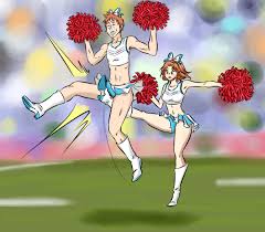 ocigart, 1boy, 1girl, ball busting, blurry, blurry background, boots, bow,  cheerleader, crotch kick, hair bow, jumping, kicking, matching outfits,  midriff, pom pom (cheerleading), skirt - Image View - | Gelbooru - Free