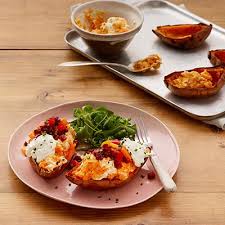 Philadelphia Recipe Baked Sweet Potato Jackets With Creamy Philadelphia Chives Chorizo And Pepp Philadelphia Recipes Healthy Superbowl Snacks Potato Skins