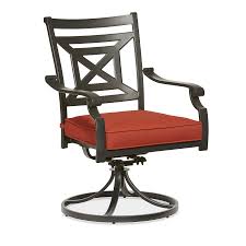 Garden Treasures Kingsmead Set Of 2 Black Metal Swivel Dining Chair S With Red Cushioned Seat Lowes Com Swivel Dining Chairs Red Patio Chairs Red Cushions