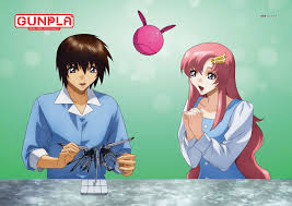 haro, kira yamato, lacus clyne, gundam, gundam seed, gundam seed destiny, gundam  seed freedom, absurdres, highres, official art, 1boy, 1girl, acrylic stand  (object), blue eyes, brown hair, copyright name, copyright notice, gunpla,