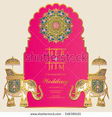 Indian Wedding Invitation Card Templates With Gold Elephant Pattern Indian Wedding Invitations Indian Wedding Invitation Cards Wedding Invitation Card Template
