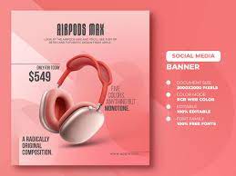 Airpods Max Social Media Banner Template In 2021 Social Media Banner Social Media Social Media Ideas Design