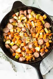 Typically shrimp boils use andouille pork sausage but this one gets a healthier spin with some andouille chicken sausage. Sweet Potato Apple Sausage Skillet The Natural Nurturer