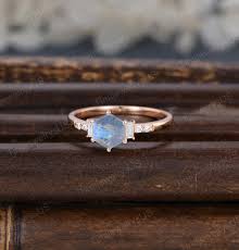Vintage Hexagon Labradorite Engagement Ring Unique Rose Gold Engagement  Ring Baguette Moissanite Cluster Bridal Set Promise Anniversary Ring