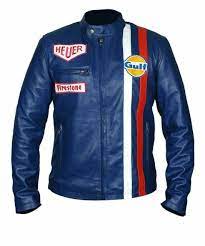 Men S Steve Mcqueen Le Mans Gulf Racing Blue Leather Jacket Leather Jacket Men Striped Leather Jacket Blue Leather Jacket