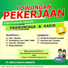 Didirikannya pt reska bertujuan untuk melaksanakan dan berfokus pada bidan… loker cirebon. Lowongan Kerja Pramuniaga Kasir Pt Idola Cahaya Semesta Semarang Toko Idolaku Loker Swasta