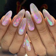 hey nice nails on instagram opalescent for bibi using prestogel no 178 and glitter flakes from wildflo pink foil nails confetti nails almond nails pink