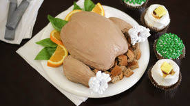 White cake is cut and shaped into a thanksgiving turkey, iced in pumpkin pie buttercream, and airbrushed a roasty brown, comes with cake gizzards and giblets. Turkey Cake Recipe Bettycrocker Com