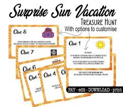 Surprise Sun Vacation Reveal Ticket With Editable Treasure Hunt Clues Surprise Beach Trip Boarding Pass Gift Printable Surprise Vacation Treasure Hunt Clues Surprise Vacation Reveal