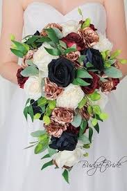 Navy Blue And Rose Gold Cascading Wedding Flower Brides Bouquet Rose Gold Wedding Flowers Bridal Wedding Flowers Blue Wedding Flowers