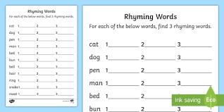 No pictures are provided, so students will have to sound out the words as well as look for visual clues in the spelling. Rhyming Words Worksheet Primary Resources