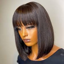 Short Straight Bob Human Hair Wigs With Bang Full Machine Made Wigs  Brazilian Remy Hair Bone Straight Bob Wigs for Women 14 Inch