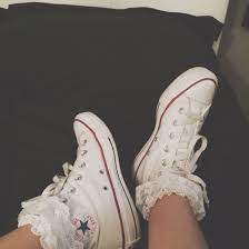 White High Top Converse With Lace Socks Converse Hightops Lace White High Top Converse Lace Socks With Sneakers White Converse Outfits