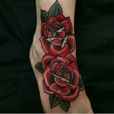 Traditional Red Rose Tattoo With Leaves Inked On The Right Foot Traditional Rose Tattoos Rose Tattoo Foot Small Rose Tattoo