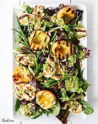 Grilled Peach And Halloumi Salad With Lemon Pesto Dressing Recipe Halloumi Salad Halloumi Grilled Peaches