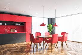 Duhome 4 pcs stackable metal dining chair restaurant cafe kitchen indoor outdoor no assembly require (red). Corner Of Panoramic Kitchen With Grey Walls Wooden Floor Grey Stock Photo Picture And Royalty Free Image Image 140251796