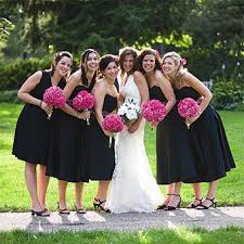 Black Bridesmaid Dresses Think They Look Cute With The Short Dresses And The Pink Black Bridesmaid Dresses Black Bridesmaids Pink Wedding Dresses