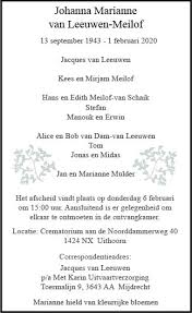 Marianne van leeuwen wordt voorgedragen als de opvolger van directeur betaald voetbal eric gudde, die eind september met pensioen gaat bij de knvb. Overleden Johanna Marianne Van Leeuwen Meilof 13 09 1943 01 02 2020